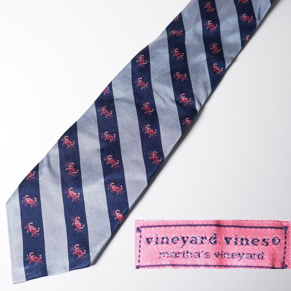 Vineyard Vines Repp Tie Blue Striped Crab Print Necktie